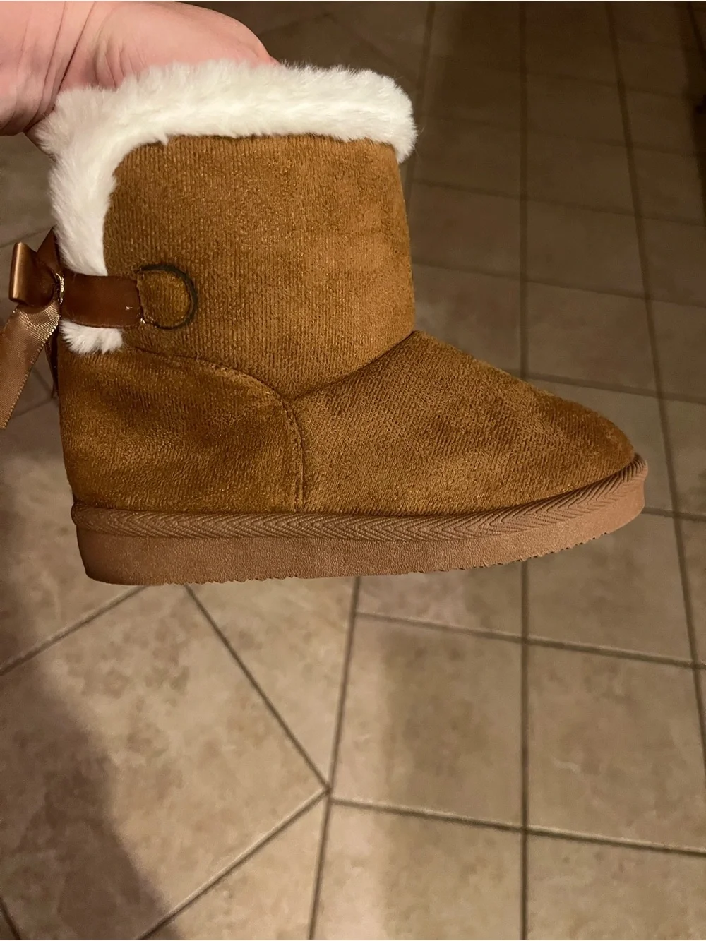 Children’s Cozy Faux-Fur Trim Brown Booties with Satin Bows